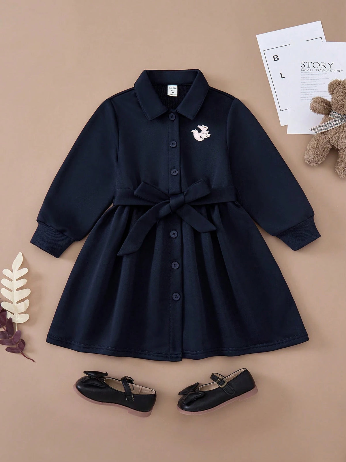 PrepCrw Young Girls College-Style Indigo Blue Knit Fitted Front Button Collar Dress, Autumn/Winter