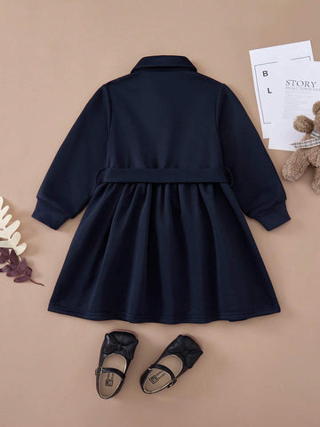 PrepCrw Young Girls College-Style Indigo Blue Knit Fitted Front Button Collar Dress, Autumn/Winter