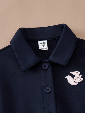 PrepCrw Young Girls College-Style Indigo Blue Knit Fitted Front Button Collar Dress, Autumn/Winter