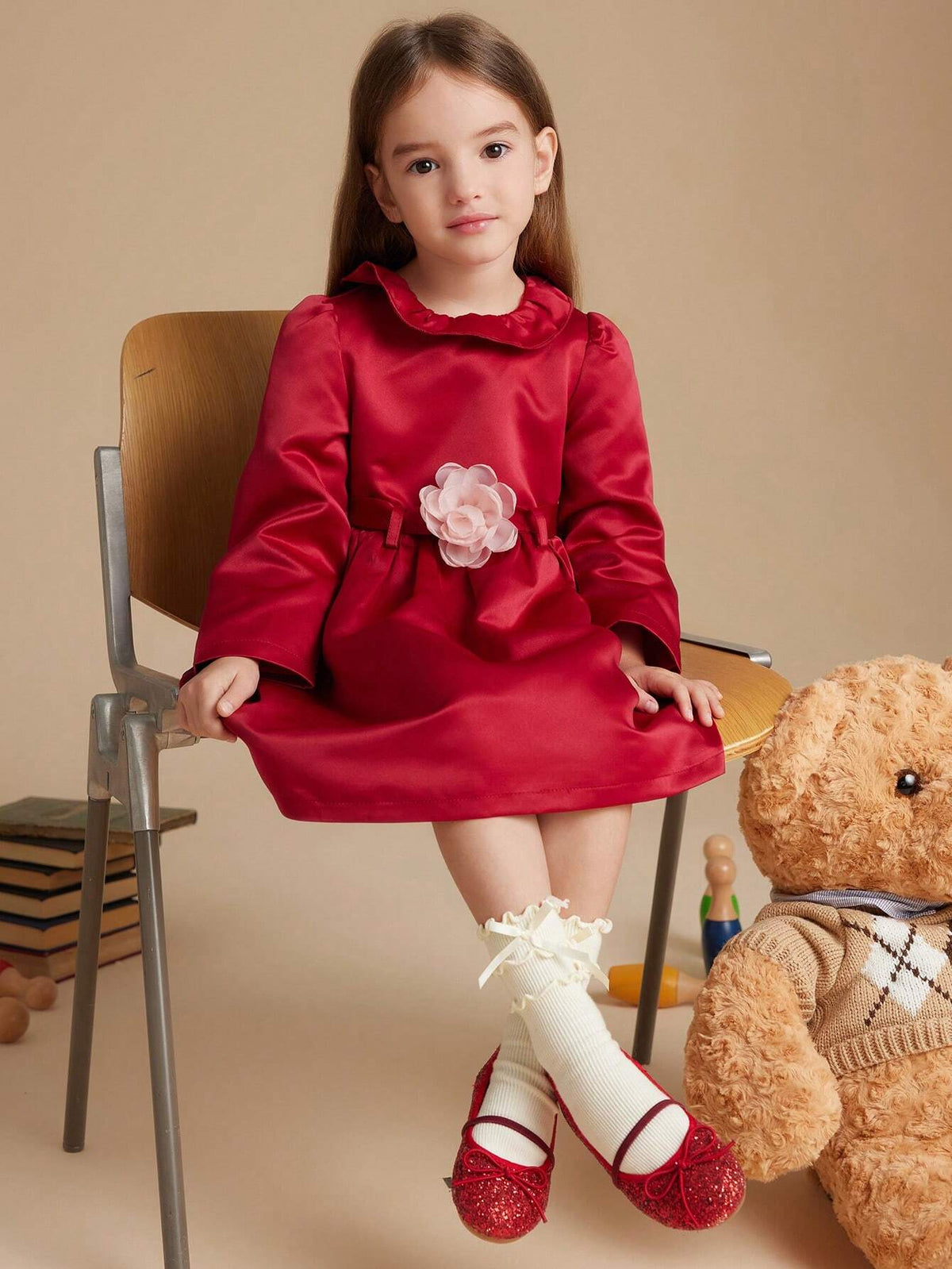PrepCrw Young Girls College Style Wine Red Flower Decor Adjustable Waist Belt Woven A-Line Ruffle Collar Dress For Autumn/Winter