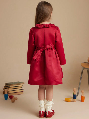 PrepCrw Young Girls College Style Wine Red Flower Decor Adjustable Waist Belt Woven A-Line Ruffle Collar Dress For Autumn/Winter