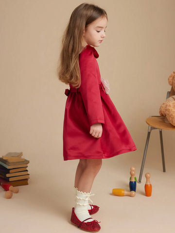 PrepCrw Young Girls College Style Wine Red Flower Decor Adjustable Waist Belt Woven A-Line Ruffle Collar Dress For Autumn/Winter