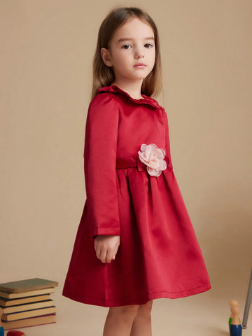 PrepCrw Young Girls College Style Wine Red Flower Decor Adjustable Waist Belt Woven A-Line Ruffle Collar Dress For Autumn/Winter