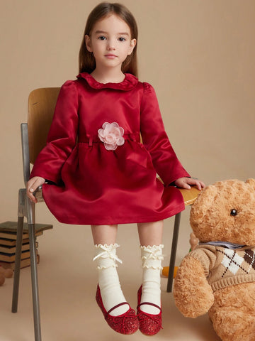PrepCrw Young Girls College Style Wine Red Flower Decor Adjustable Waist Belt Woven A-Line Ruffle Collar Dress For Autumn/Winter