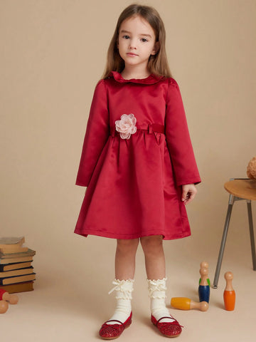 PrepCrw Young Girls College Style Wine Red Flower Decor Adjustable Waist Belt Woven A-Line Ruffle Collar Dress For Autumn/Winter