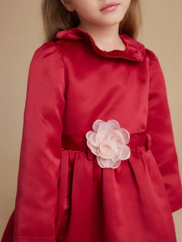 PrepCrw Young Girls College Style Wine Red Flower Decor Adjustable Waist Belt Woven A-Line Ruffle Collar Dress For Autumn/Winter