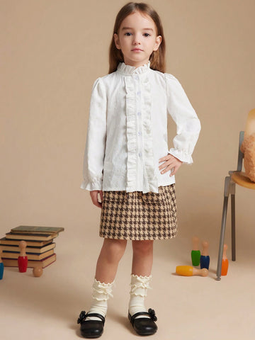 PrepCrw Young Girls' Collegiate Apricot Bow Decor Ruffle Trim Fitted Front Button Collared Long Sleeve Blouse, Autumn/Winter