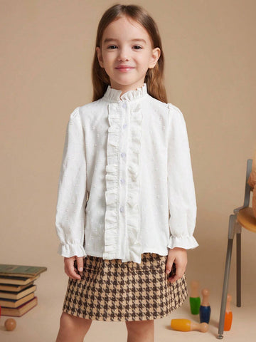 PrepCrw Young Girls' Collegiate Apricot Bow Decor Ruffle Trim Fitted Front Button Collared Long Sleeve Blouse, Autumn/Winter