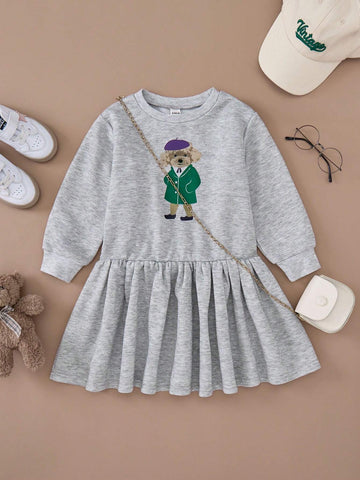 PrepCrw Young Girls' Collegiate Style Gray Knit Loose Fit Crew Neck Dress, Autumn/Winter