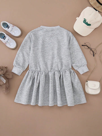 PrepCrw Young Girls' Collegiate Style Gray Knit Loose Fit Crew Neck Dress, Autumn/Winter