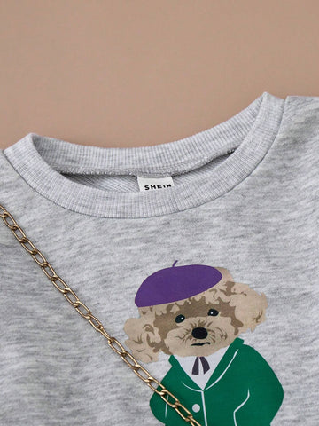 PrepCrw Young Girls' Collegiate Style Gray Knit Loose Fit Crew Neck Dress, Autumn/Winter