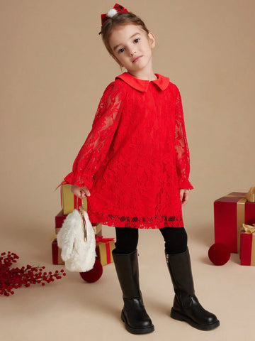 PrepCrw Young Girls Collegiate Style Red Lace Puff Sleeve Fitted Collar Dress, Autumn/Winter