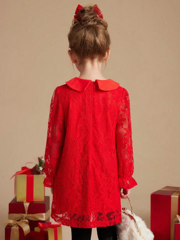 PrepCrw Young Girls Collegiate Style Red Lace Puff Sleeve Fitted Collar Dress, Autumn/Winter