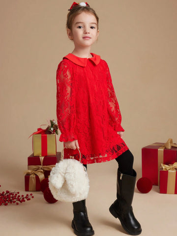 PrepCrw Young Girls Collegiate Style Red Lace Puff Sleeve Fitted Collar Dress, Autumn/Winter