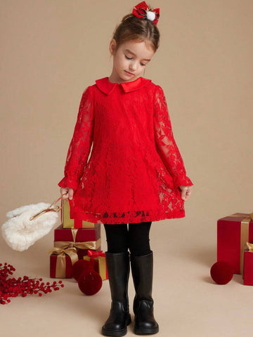 PrepCrw Young Girls Collegiate Style Red Lace Puff Sleeve Fitted Collar Dress, Autumn/Winter