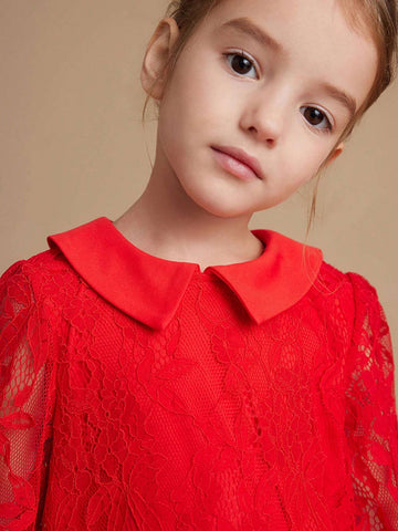 PrepCrw Young Girls Collegiate Style Red Lace Puff Sleeve Fitted Collar Dress, Autumn/Winter