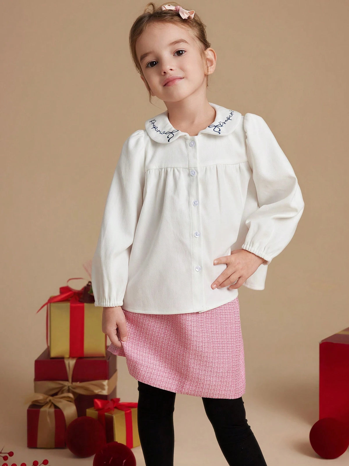 PrepCrw Young Girls' Collegiate Style White Letter Embroidered Loose Turndown Collar Blouse, Autumn/Winter