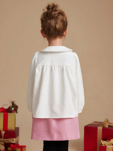 PrepCrw Young Girls' Collegiate Style White Letter Embroidered Loose Turndown Collar Blouse, Autumn/Winter