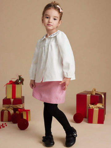 PrepCrw Young Girls' Collegiate Style White Letter Embroidered Loose Turndown Collar Blouse, Autumn/Winter