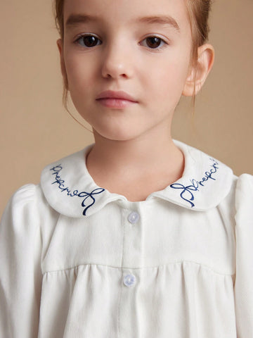 PrepCrw Young Girls' Collegiate Style White Letter Embroidered Loose Turndown Collar Blouse, Autumn/Winter