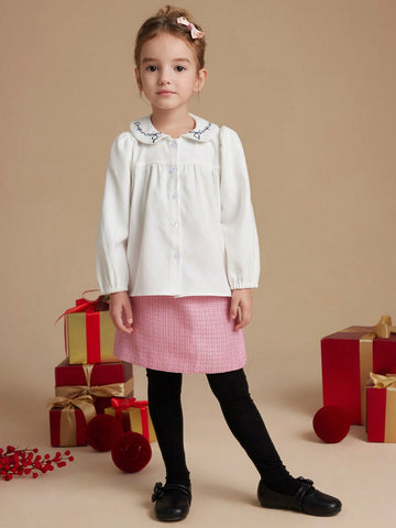 PrepCrw Young Girls' Collegiate Style White Letter Embroidered Loose Turndown Collar Blouse, Autumn/Winter