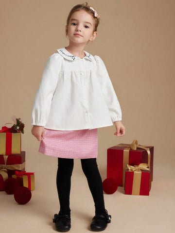 PrepCrw Young Girls' Collegiate Style White Letter Embroidered Loose Turndown Collar Blouse, Autumn/Winter