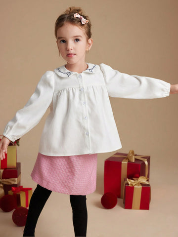 PrepCrw Young Girls' Collegiate Style White Letter Embroidered Loose Turndown Collar Blouse, Autumn/Winter