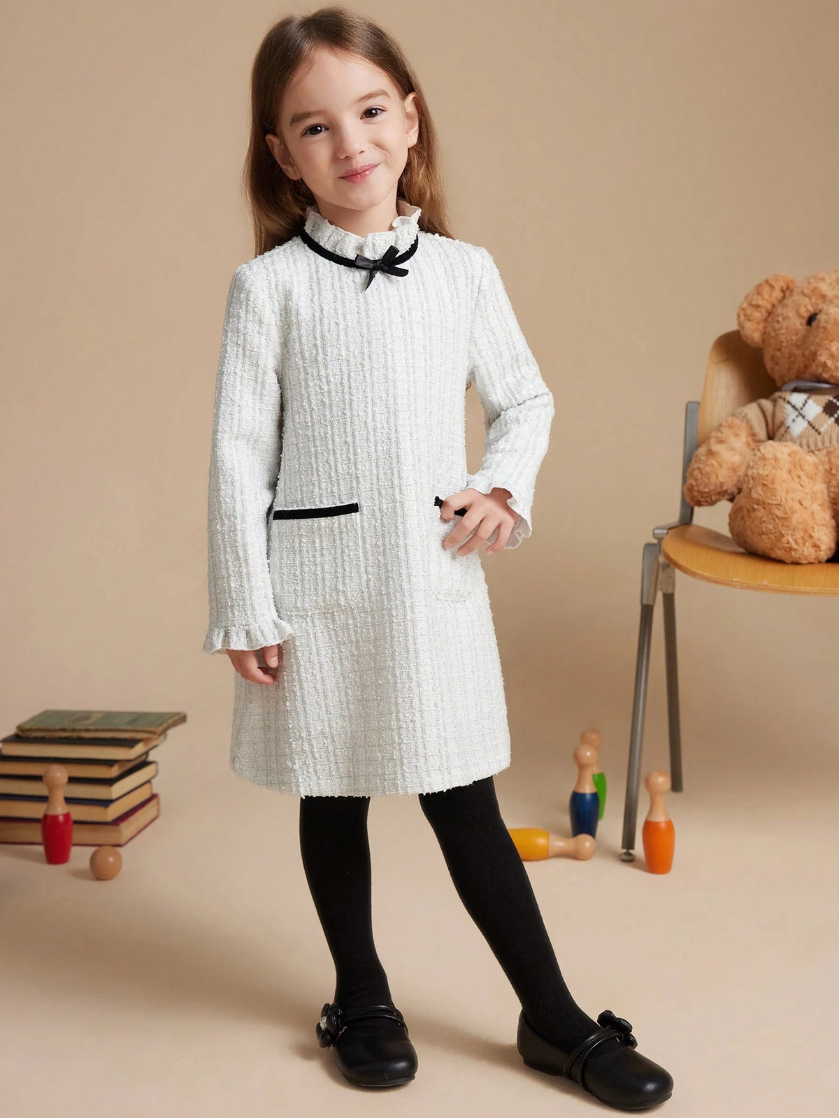 PrepCrw Young Girls' Collegiate Wind White Bow Decor Woven Fitted Ruffle Collar Dress, For Autumn/Winter