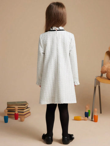 PrepCrw Young Girls' Collegiate Wind White Bow Decor Woven Fitted Ruffle Collar Dress, For Autumn/Winter