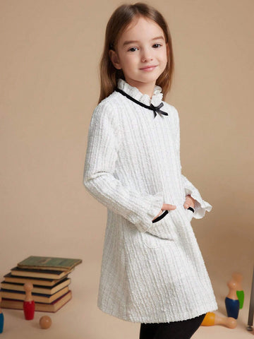 PrepCrw Young Girls' Collegiate Wind White Bow Decor Woven Fitted Ruffle Collar Dress, For Autumn/Winter