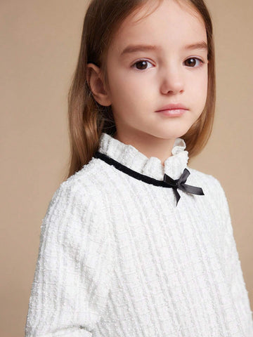 PrepCrw Young Girls' Collegiate Wind White Bow Decor Woven Fitted Ruffle Collar Dress, For Autumn/Winter
