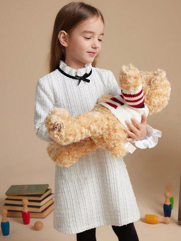 PrepCrw Young Girls' Collegiate Wind White Bow Decor Woven Fitted Ruffle Collar Dress, For Autumn/Winter