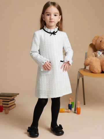 PrepCrw Young Girls' Collegiate Wind White Bow Decor Woven Fitted Ruffle Collar Dress, For Autumn/Winter