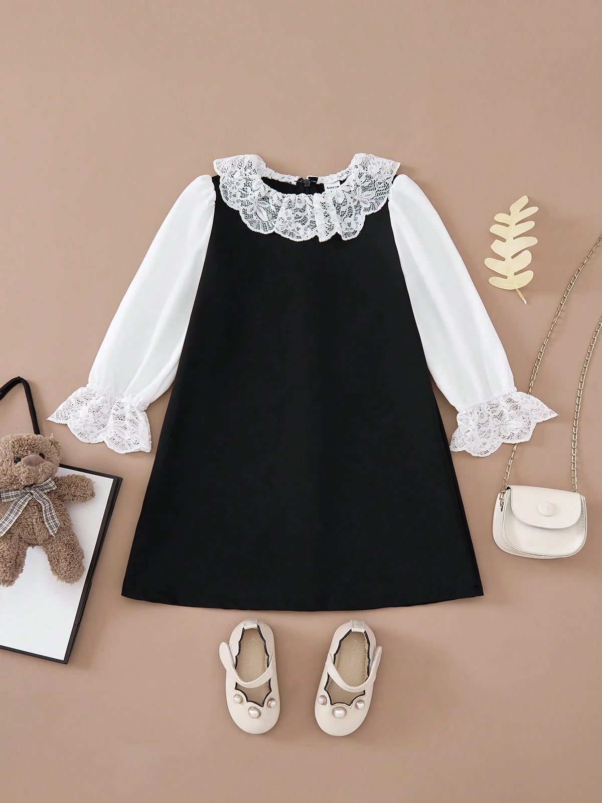 PrepCrw Young Girls' Color Block Knitted Loose 2 In 1 Ruffled Collar Dress, Casual Style, Autumn/Winter