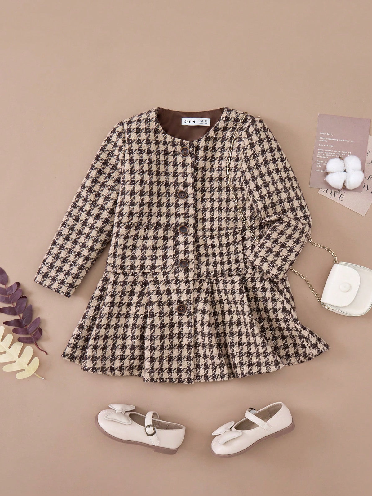 PrepCrw Young Girls Elegant Houndstooth Combo Dress, Academic Style For Autumn/Winter