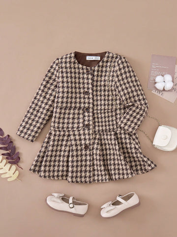 PrepCrw Young Girls Elegant Houndstooth Combo Dress, Academic Style For Autumn/Winter