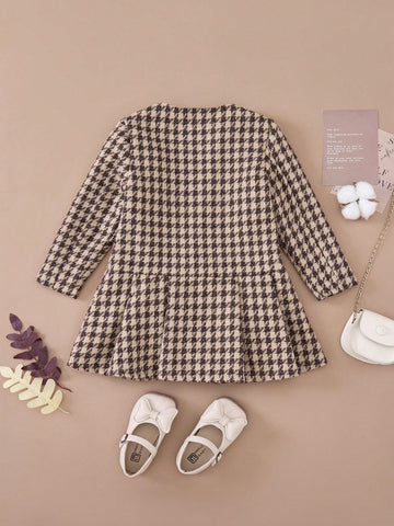 PrepCrw Young Girls Elegant Houndstooth Combo Dress, Academic Style For Autumn/Winter