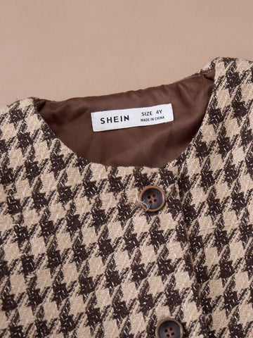 PrepCrw Young Girls Elegant Houndstooth Combo Dress, Academic Style For Autumn/Winter