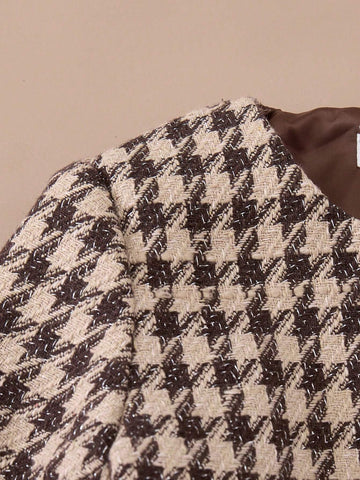 PrepCrw Young Girls Elegant Houndstooth Combo Dress, Academic Style For Autumn/Winter