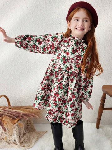 PrepCrw Young Girls Elegant Purple Ditsy Floral Loose Front Button Woven Dress, Autumn/Winter