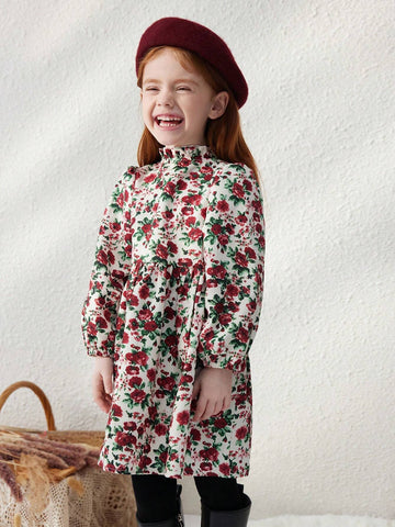 PrepCrw Young Girls Elegant Purple Ditsy Floral Loose Front Button Woven Dress, Autumn/Winter