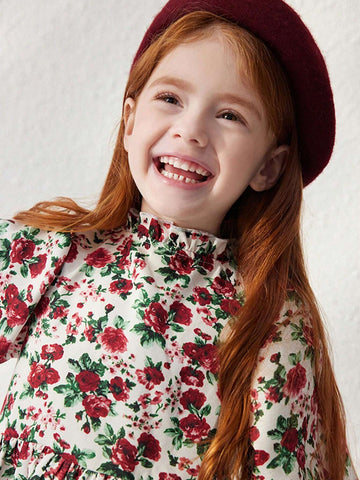 PrepCrw Young Girls Elegant Purple Ditsy Floral Loose Front Button Woven Dress, Autumn/Winter