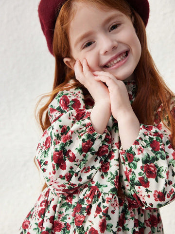 PrepCrw Young Girls Elegant Purple Ditsy Floral Loose Front Button Woven Dress, Autumn/Winter