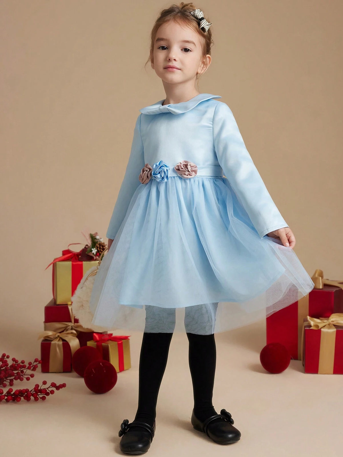 PrepCrw Young Girls French Elegant Blue Cinched Waist Floral Jacquard Patchwork Mesh A-Line Collar Dress, Autumn/Winter