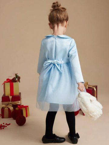 PrepCrw Young Girls French Elegant Blue Cinched Waist Floral Jacquard Patchwork Mesh A-Line Collar Dress, Autumn/Winter