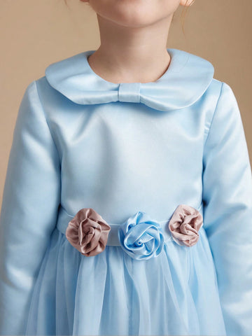 PrepCrw Young Girls French Elegant Blue Cinched Waist Floral Jacquard Patchwork Mesh A-Line Collar Dress, Autumn/Winter