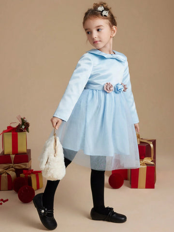 PrepCrw Young Girls French Elegant Blue Cinched Waist Floral Jacquard Patchwork Mesh A-Line Collar Dress, Autumn/Winter