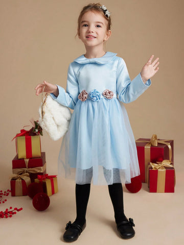 PrepCrw Young Girls French Elegant Blue Cinched Waist Floral Jacquard Patchwork Mesh A-Line Collar Dress, Autumn/Winter