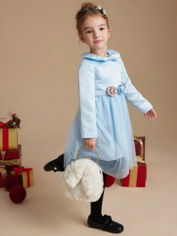 PrepCrw Young Girls French Elegant Blue Cinched Waist Floral Jacquard Patchwork Mesh A-Line Collar Dress, Autumn/Winter