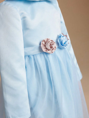 PrepCrw Young Girls French Elegant Blue Cinched Waist Floral Jacquard Patchwork Mesh A-Line Collar Dress, Autumn/Winter